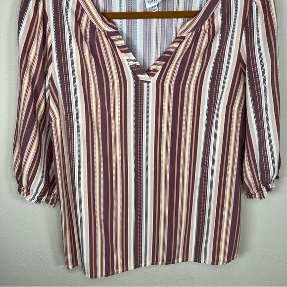 PETITE XL NAIF STRIPED TOP LIGHTWEIGHT PINK MAUVE WHITE  3/4 SLEEVE HENLEY NECK - Picture 2 of 9